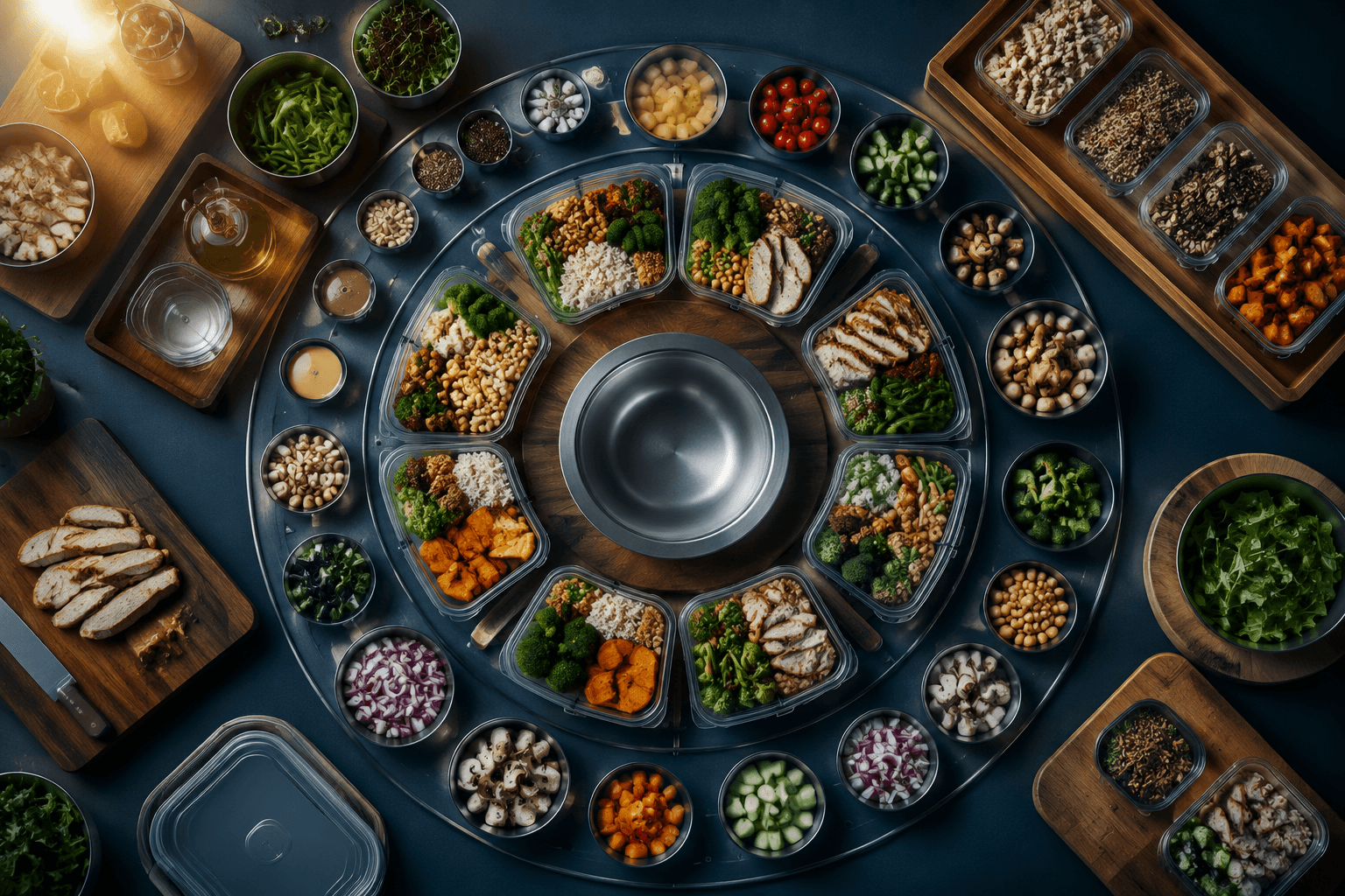 Modular meal-prep containers and bowls arranged in a circular orbit on a dark kitchen counter