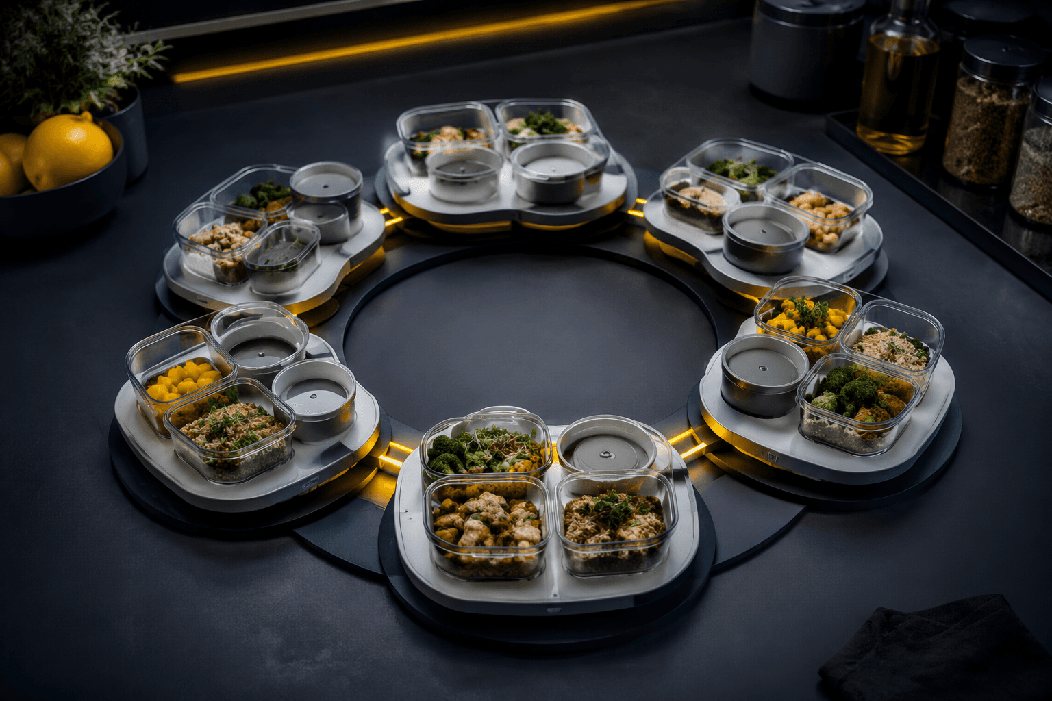 Weekly meal-prep organization board with day nodes arranged in an orbit ring